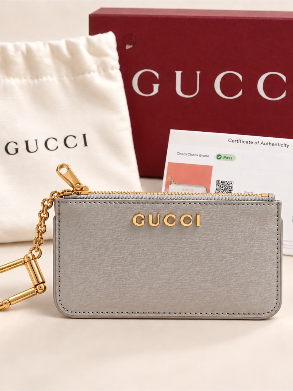 Gucci Gray Leather Key Pouch Card Case Gold Hardware COA